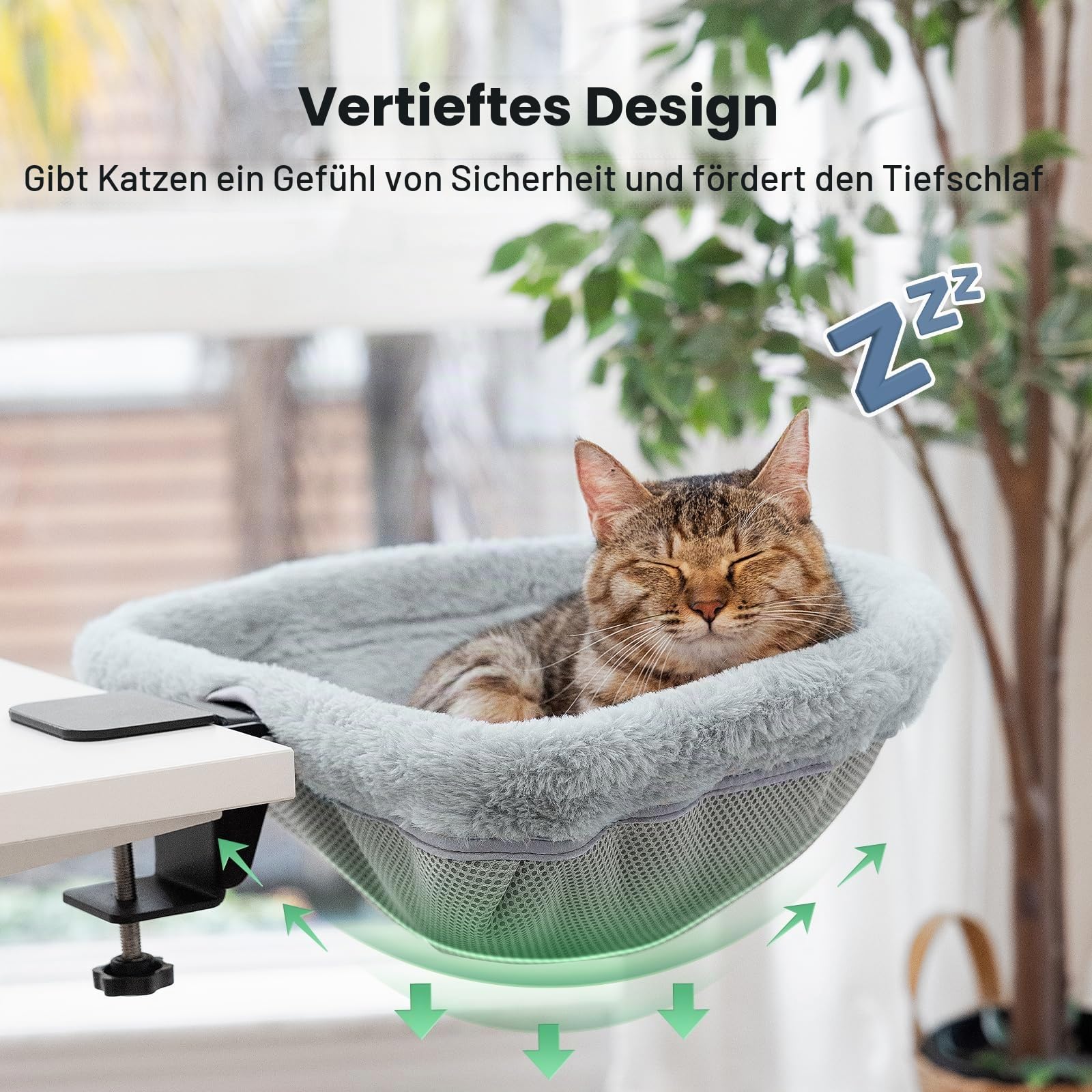JUNSPOW Katzen-Schreibtischbett – EIN-klick-Faltung, versunkenes Design und platzsparendes halbrundes Katzenbett, weiches Kaninchenfell-Material, geeignet für Verschiedene Schreibtische, maximale