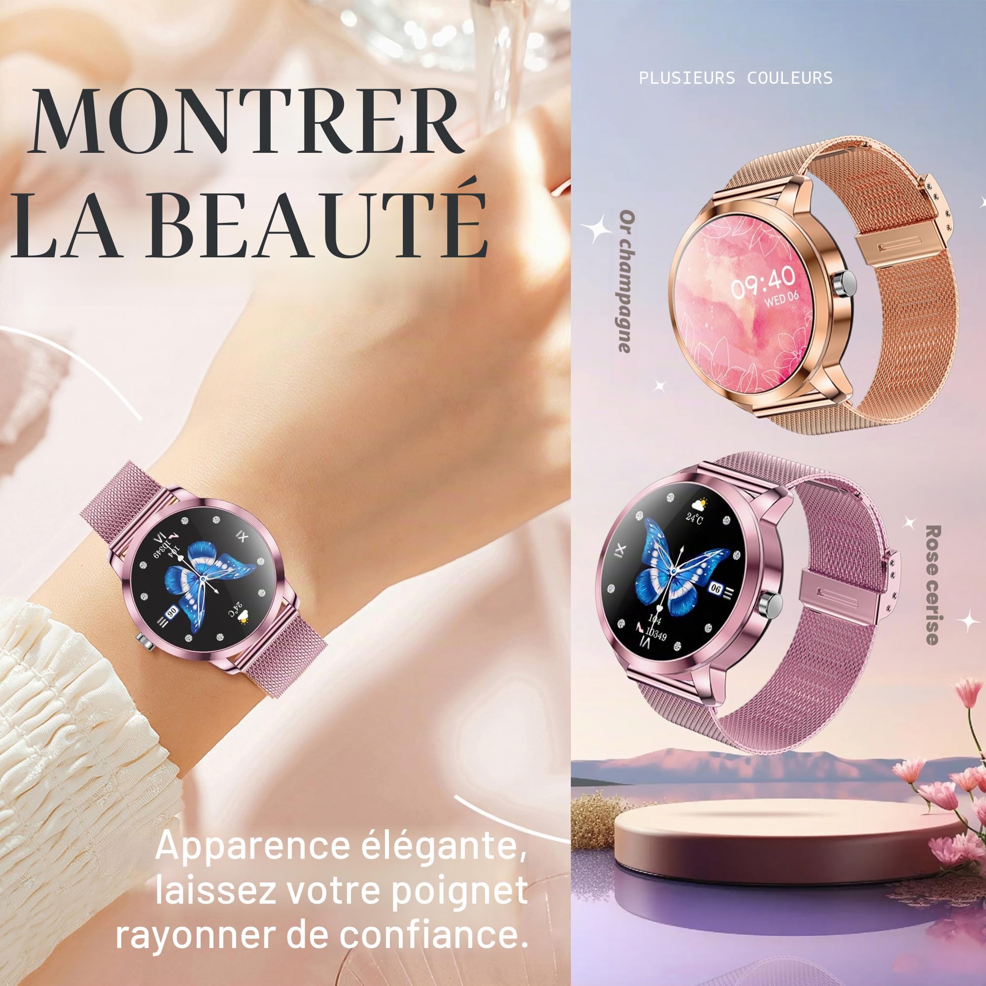 Montre Connectée Femme avec Appel Bluetooth 5.1/Numérotation, 3 Bracelets, 1,09" Smartwatch avec 123 Sportifs Cardiofrequencemètre Moniteur de Sommeil, Fitness Tracker pour Android iOS (Rose)