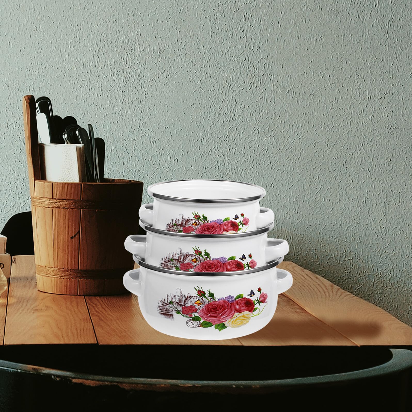 Gadpiparty Lot De 3 Mini Marmites à Soupe Empilables 12-14-16 Cm En Émail Poignées Ergonomiques Anti-brûlures Pour Cuisson Polyvalente Et Repas Bébé