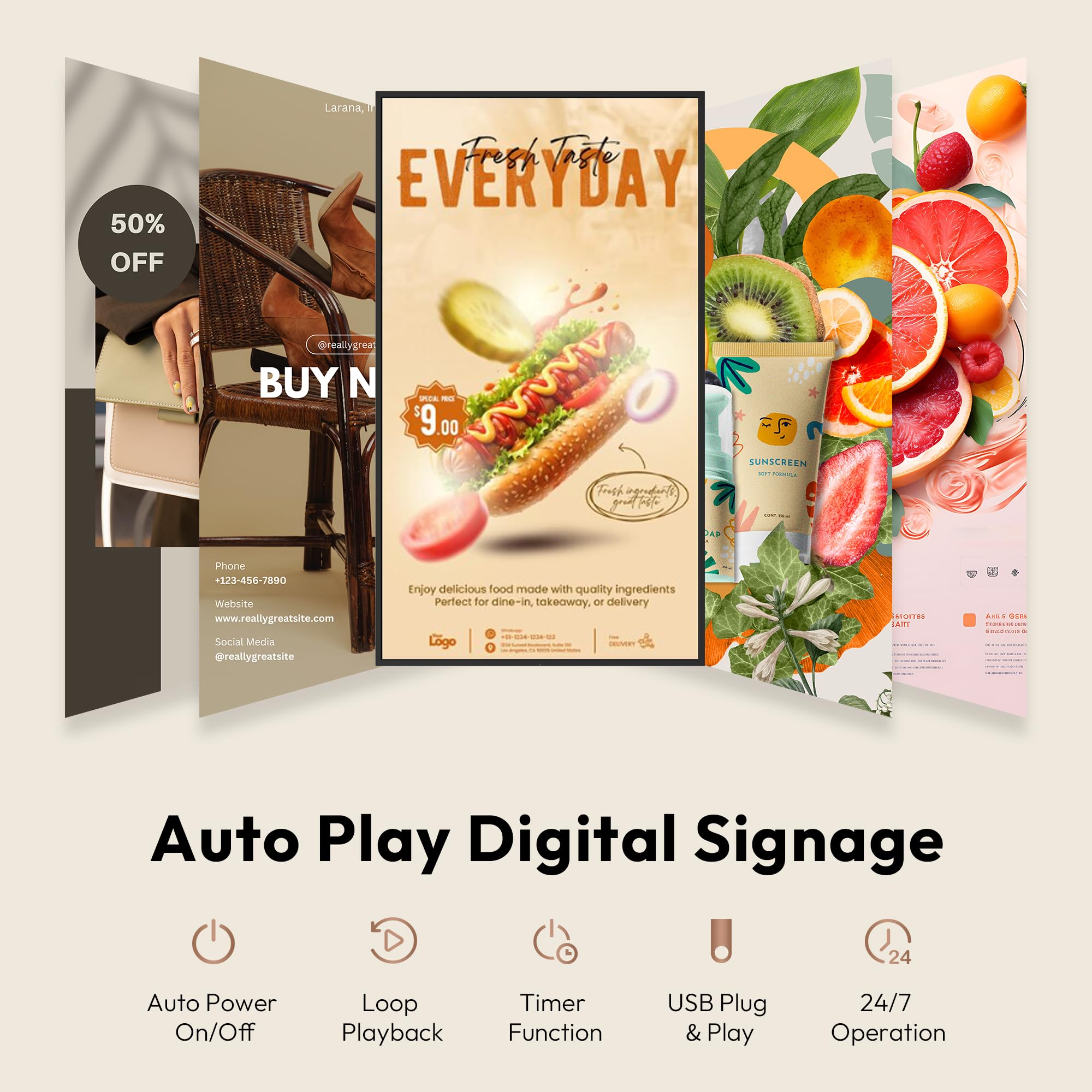 65" Écran publicitaire 3000 Nits, IPS Ecran Publicitaire 4K Affichage sur Pied avec Auto-Luminosité, cms/USB/WiFi/HDMI, Totem Affichage Publicitaire pour Vitrine, Restaurants et Entreprise