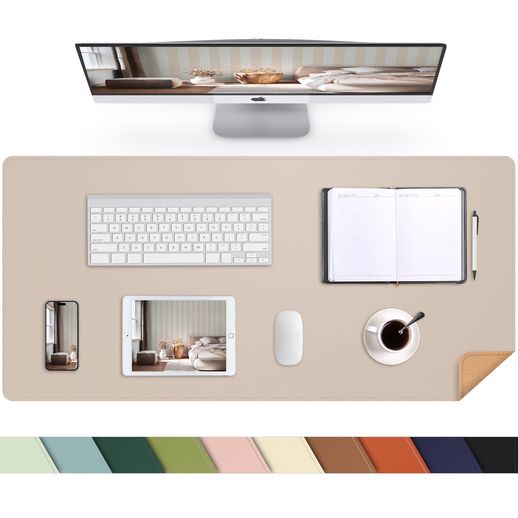 AFIING Leather Desk pad Protector, Large Non-Slip Office Desk Mat with Natural Cork & PU Leather, Waterproof Writing Mouse Pad for Office and Home (