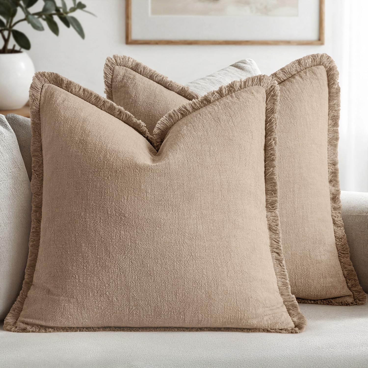 MIULEE Boho Linen Fringe Decorative Euro Throw Pillow Covers Camel 26x26