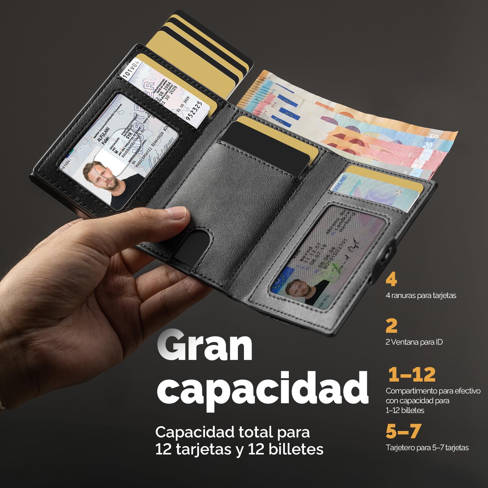 Cartera para Hombre, Cartera RFID Smart Wallet for Men, Compact Monedero para Hombre para 12 Tarjetas, Monedero con Compartimento para Monedas y ID Ventana