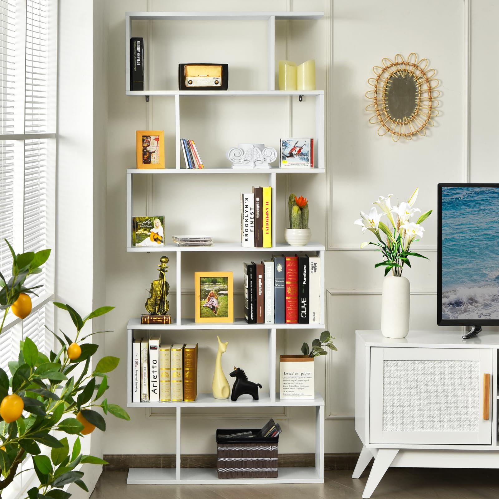 HOMASIS Libreria da Parete a 6 Livelli, Libreria Scaffale in Legno, Divisorio a Parete Multifunzionale con Design Antiribaltamento, Scaffale a S per Ufficio, Salotto, 80 x 23 x 191cm (Bianco)