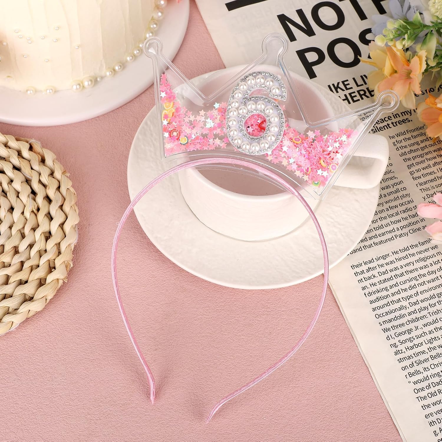 6th Birthday Headband, Pink Glitter Birthday Crown Pearl Headdress Party Celebration Decoration Accessory for Girl