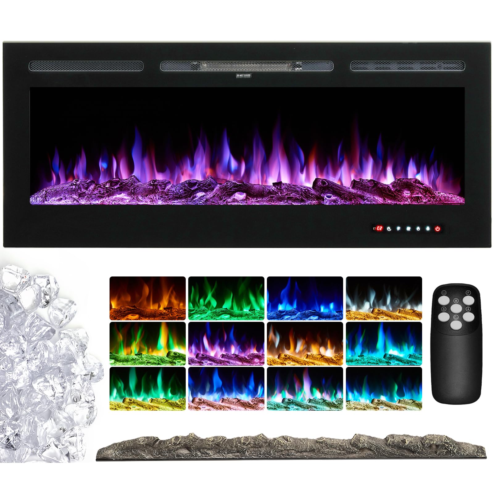 INMOZATA Wall Mounted Electric Fireplace 80inch Insert Recessed Large Media Wall Electric Fire Crystals Log Effect Flame Fire 12 LED Color with Remote Control