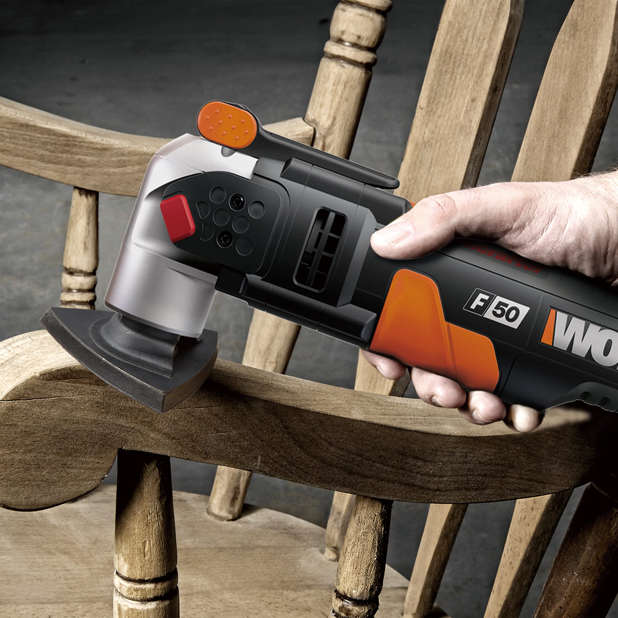 WORX WX681 Multiherramienta oscilante Sonicrafter, 450W, 5º de oscilación, velocidad variable, sistema Hyperlock, 39 accesorios incluidos, maletín, para corte, lijado y reforma