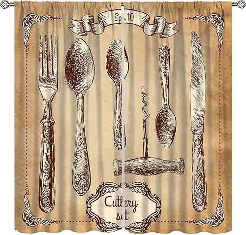 Miniatura 17 de Cortinas rústicas de cocina, cuchara, tenedor, tablón, patrón retro, floral, para cocina, tratamiento de ventanas para sala de estar, cafetería, 42