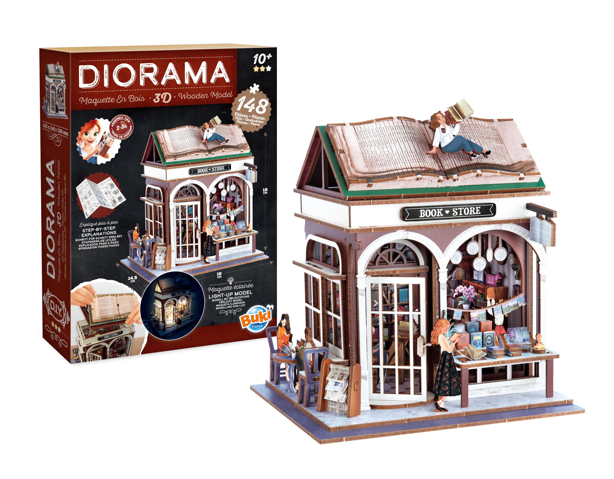 BUKI France 68074 Diorama Librairie Miniature Wooden Bookshop with LED – DIY Diorama 148 Pieces – Bedroom Decoration Kit for Ages 10 and Above – 14.5 x 16 x 18 cm
