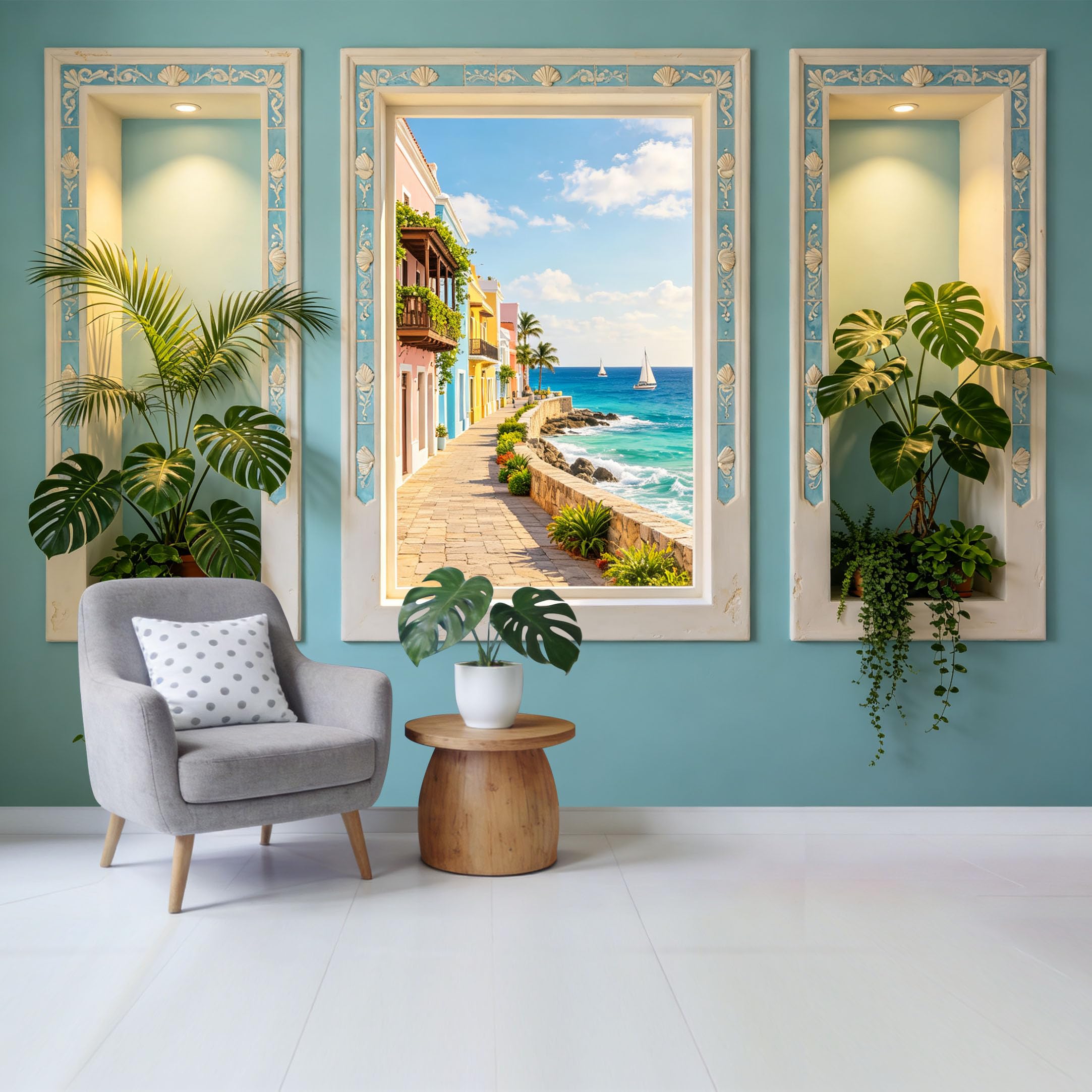 Custom Size Wall Mural Mediterranean Coastal Seaside Street View with Sailboats and Palm Plants Removable Self Adhesive Fabric Home Wall Decor for Living Room Bedroom Bathroom