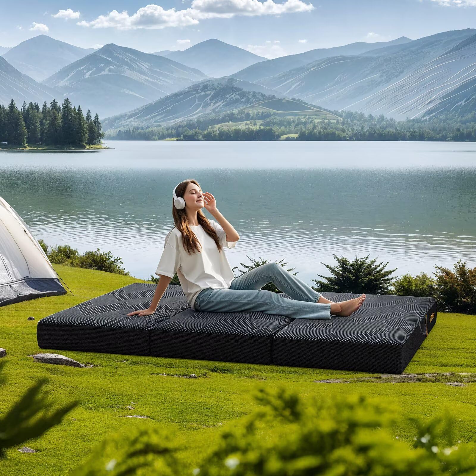 Vamcheer Tri Folding Pad - Foldable Pad for Travel/RV/Camping/Road Trip/Outdoor/Yoga, Tri-fold Memory Foam Pad with Washable Cover, Handle & Non-Slip Bottom