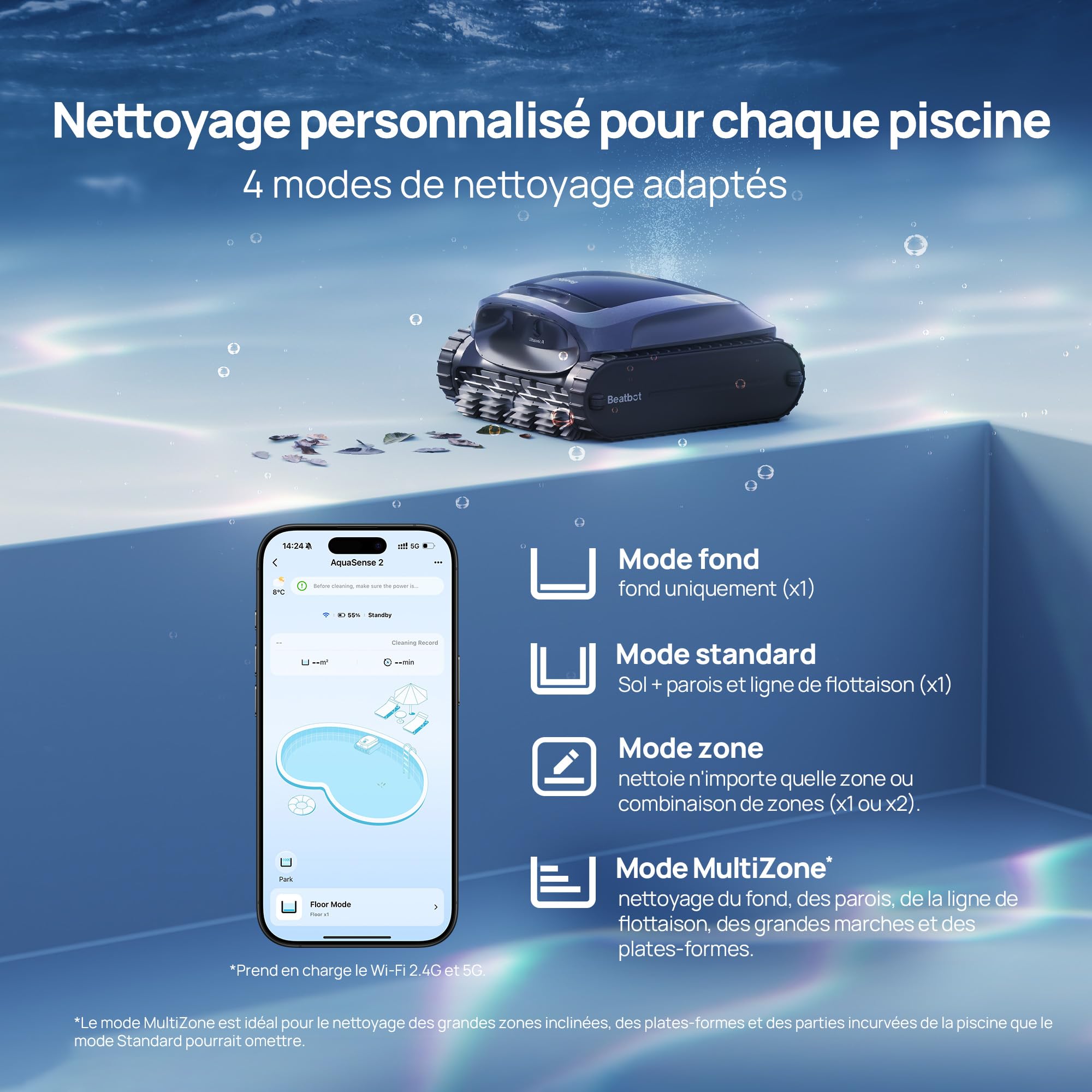 Beatbot AquaSense 2 Robot Piscine sans Fil, Aspirateur Piscine Automatique, Nettoyage Complet Fond Parois Ligne d’Eau, Remontée Automatique, Autonomie 150min, Max 300m², Bleu Nuit