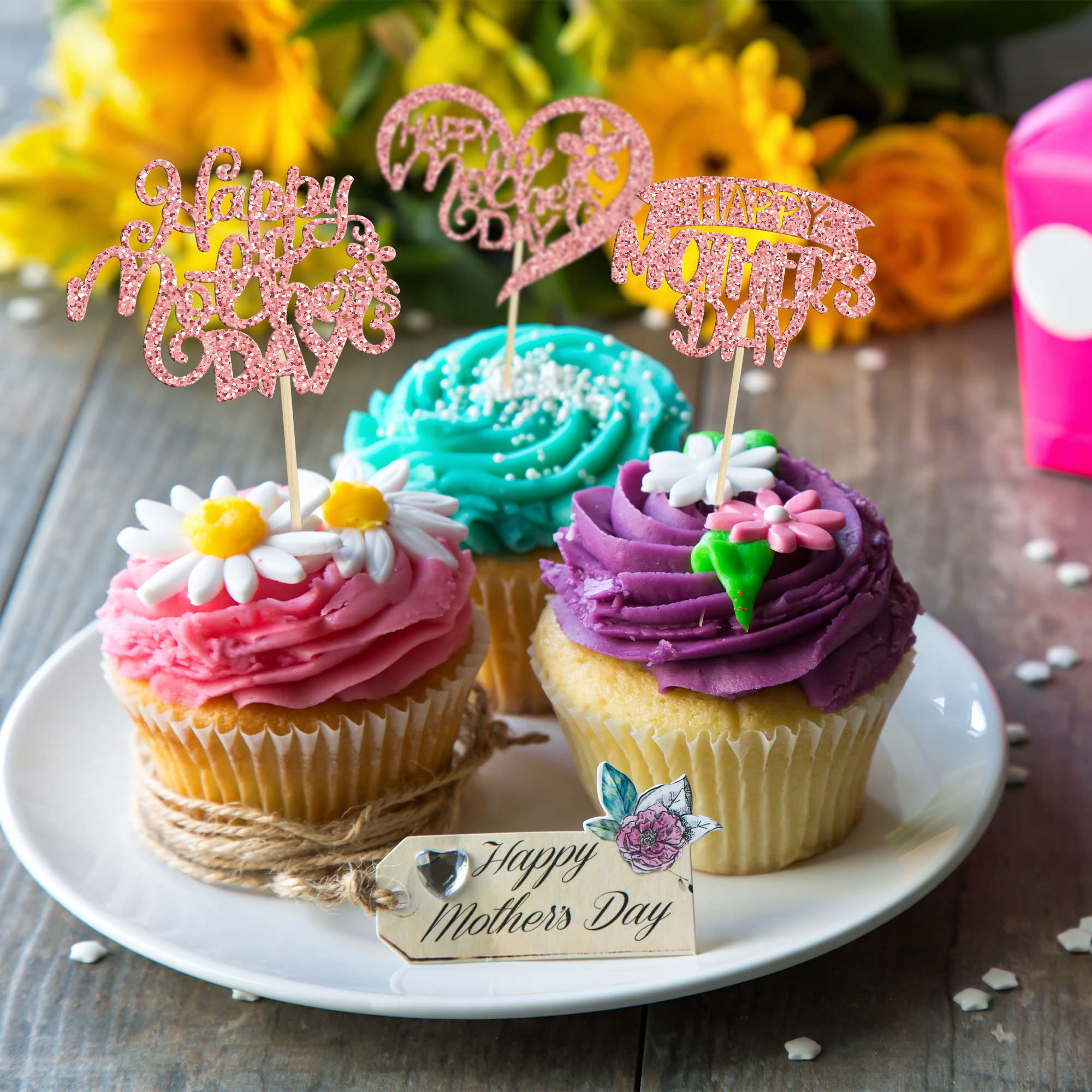 Cupcake-Topper „Happy Mother's Day“ – 24 Stück, Glitzernd – Für Muttertags-Party & Geburtstag