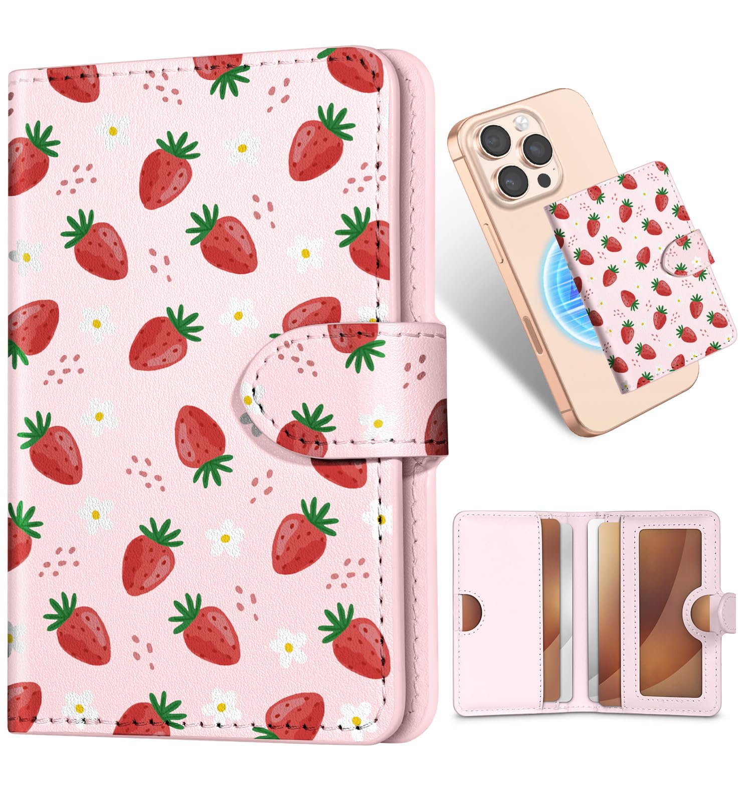 Shorogyt for Magnetic Phone Wallet Compatible with Magsafe Card Holder -Cute Luxury Slim Leather Mag Wallets for Women Fit 4 Cards,for iPhone 17/16/15/14/13/12 Series for Apple RFID Magnet, Strawberry-image-16