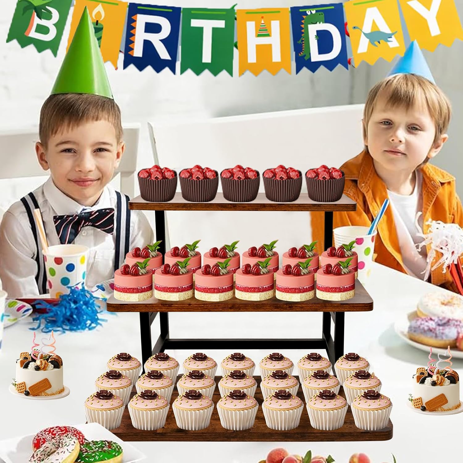 3 Tier Cupcake Stand for 50 Cupcakes,Wood Metal Riser Dessert Table Display Stand,Rustic Stepped Cupcake Ladder Tiered Tray Stand for Party Farmhouse Wedding Birthday Graduation - Image 2