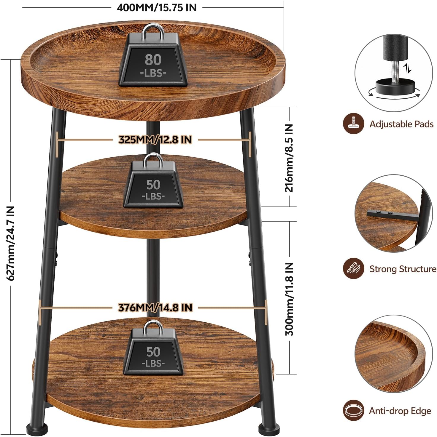 Round Side Table 3-Tier end Table for Living Room, Small Nightstand 15.75in
