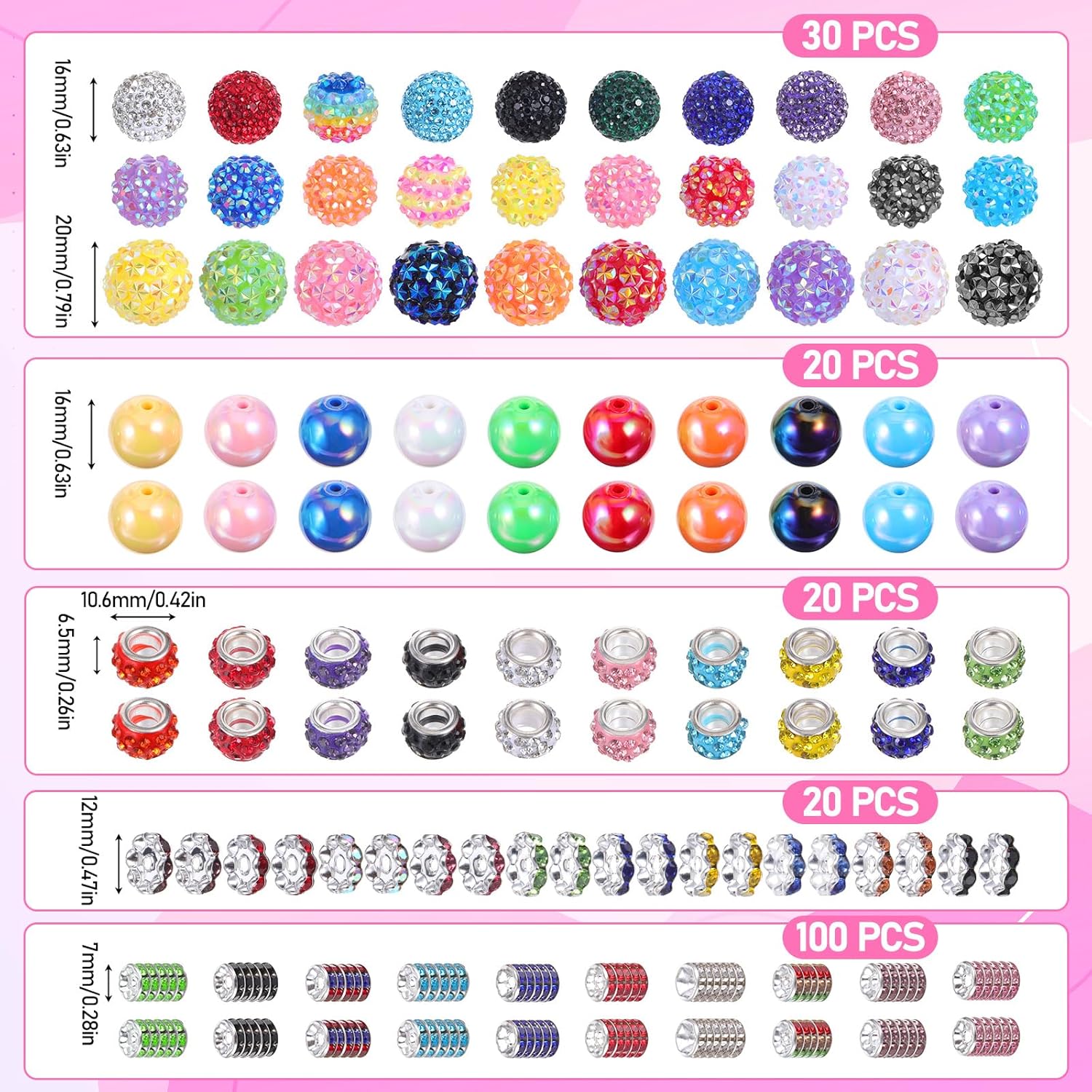 190 Pcs Beads-for Pens Making with Rondelle Spacer-Bead Rhinestone Bubblegum-Beads Mixed Crystal Resin Chunky Bead Sugar-Beades for Beadable Pens Supplies Keychains DIY Craft - Image 2