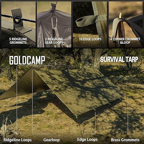 Vista 6 de GOLDCAMP Hamaca impermeable para campamento, hamaca de nailon 70D de 10 x 10 pies, protección UV 50+ y PU15000 mm, toldo de lona para refugio