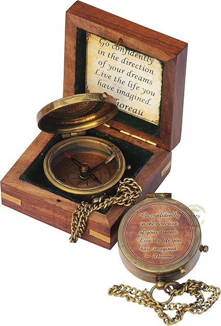 TUBAZ Thoreau's Go Confidently Quote Engraved Compass with Wooden Box, Religious Gifts, Confirmation Gifts, Baptism Gifts, Best Easter, Christian Gifts for Men, Camping Compass, Graduation Day Gifts.