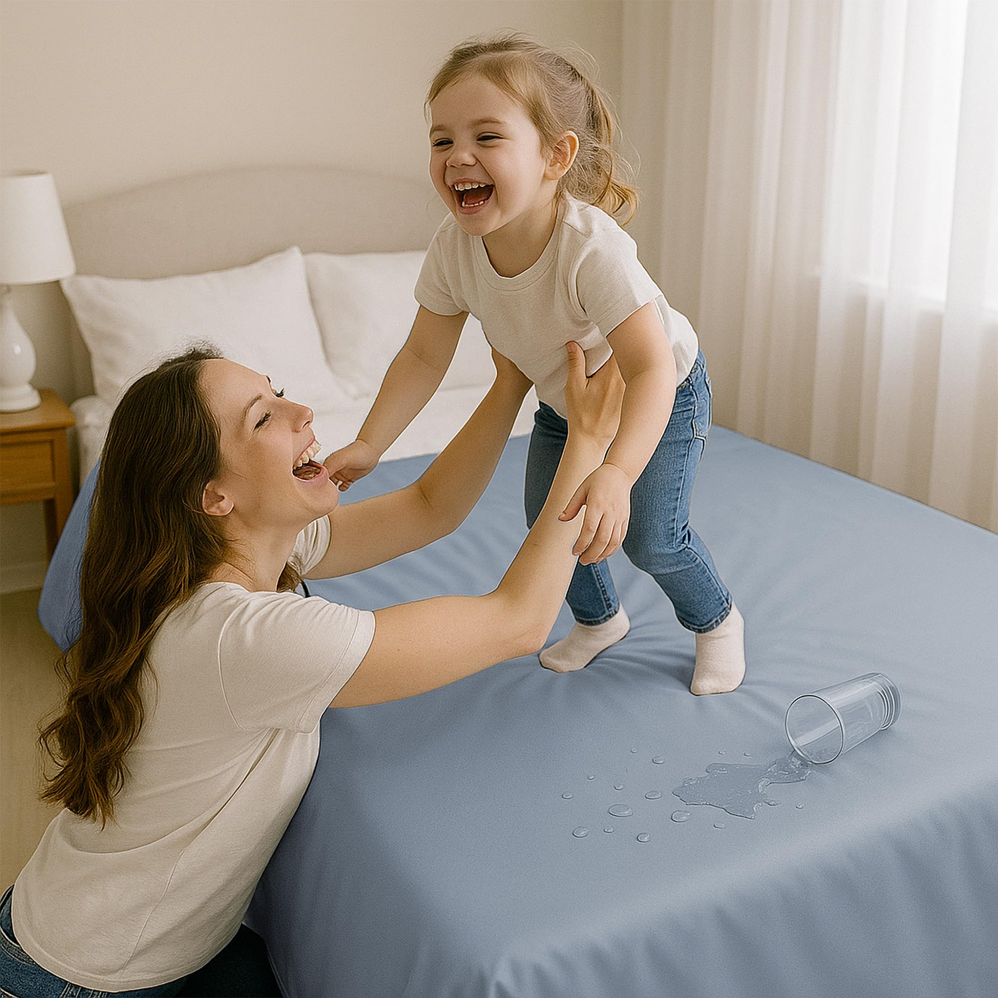 Byour3 - Cubrecama Doble Super Impermeable Animales Colcha Antimanchas Antimoho Protección Cama Individual Queen Size Anti Pelo Gato Perro Niños Manta Lavable (Azul Claro, 260x275cm - Cama 180)