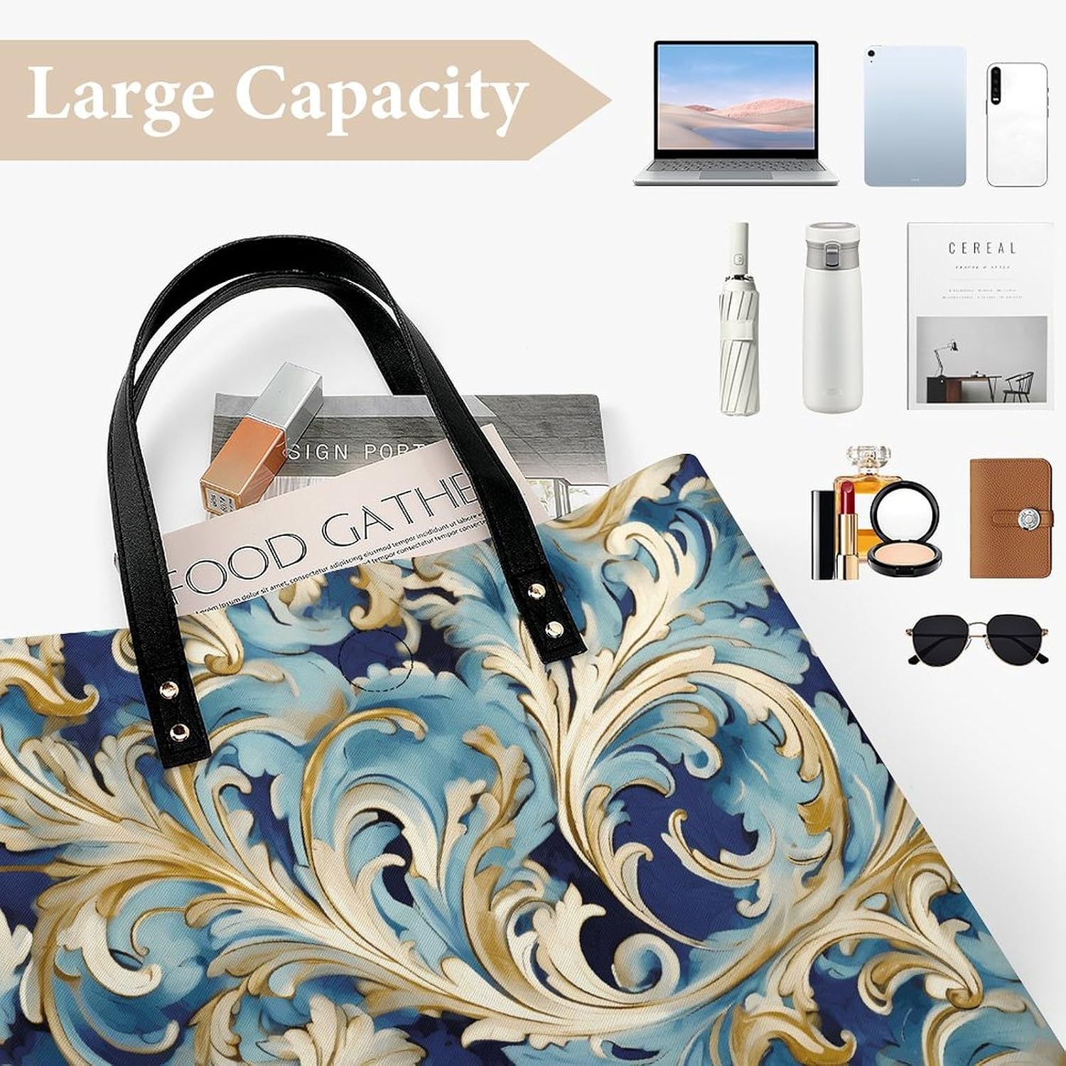 Elegant Blue Gold Florentine Tote Bag with Magnetic Buckle Reusable Grocery Bags Lightweight Cross Body Handbag for Daily Essentials
