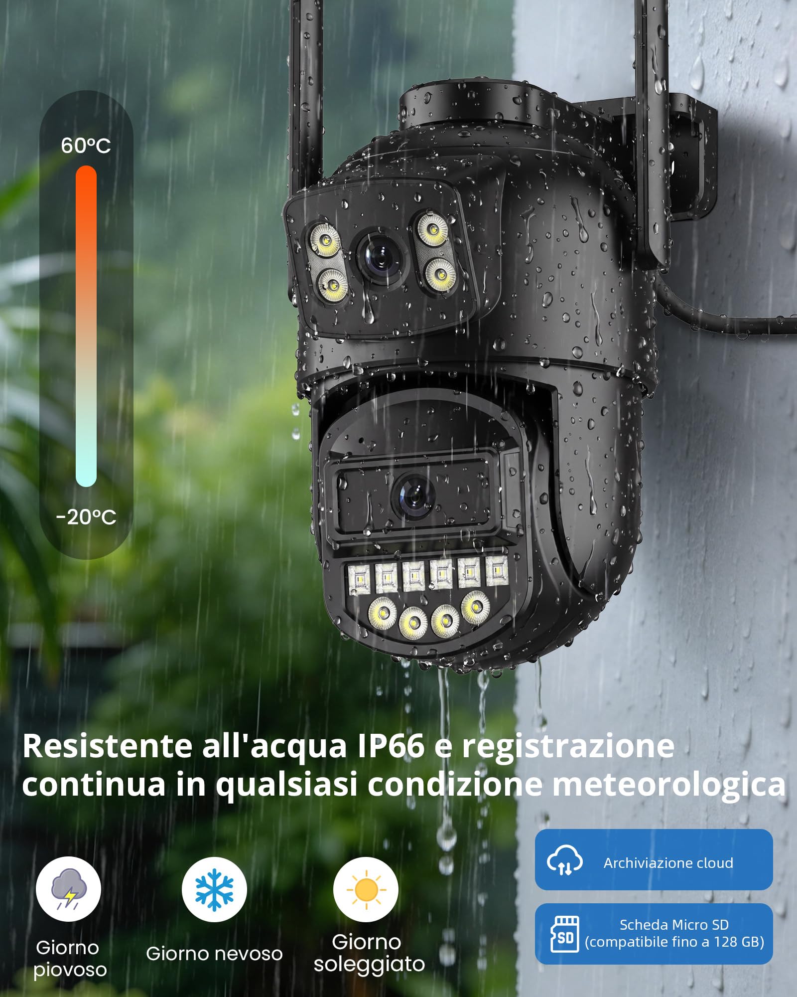 ANBIUX Telecamera Wi-Fi Esterno,Doppio Obiettivo 2K,2.4/5Ghz,Ethernet,360°PTZ,Visione Notturna,Audio Bidirezionale,Rilevamento Persone,Cavo per patii/giardini/garage,IP66