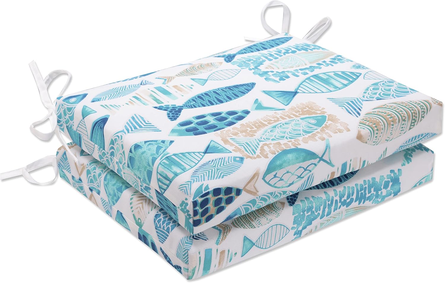 Pillow Perfect Outdoor/Indoor Hooked Seaside Blue Chair Pads, 2 Count (Pack of 1)