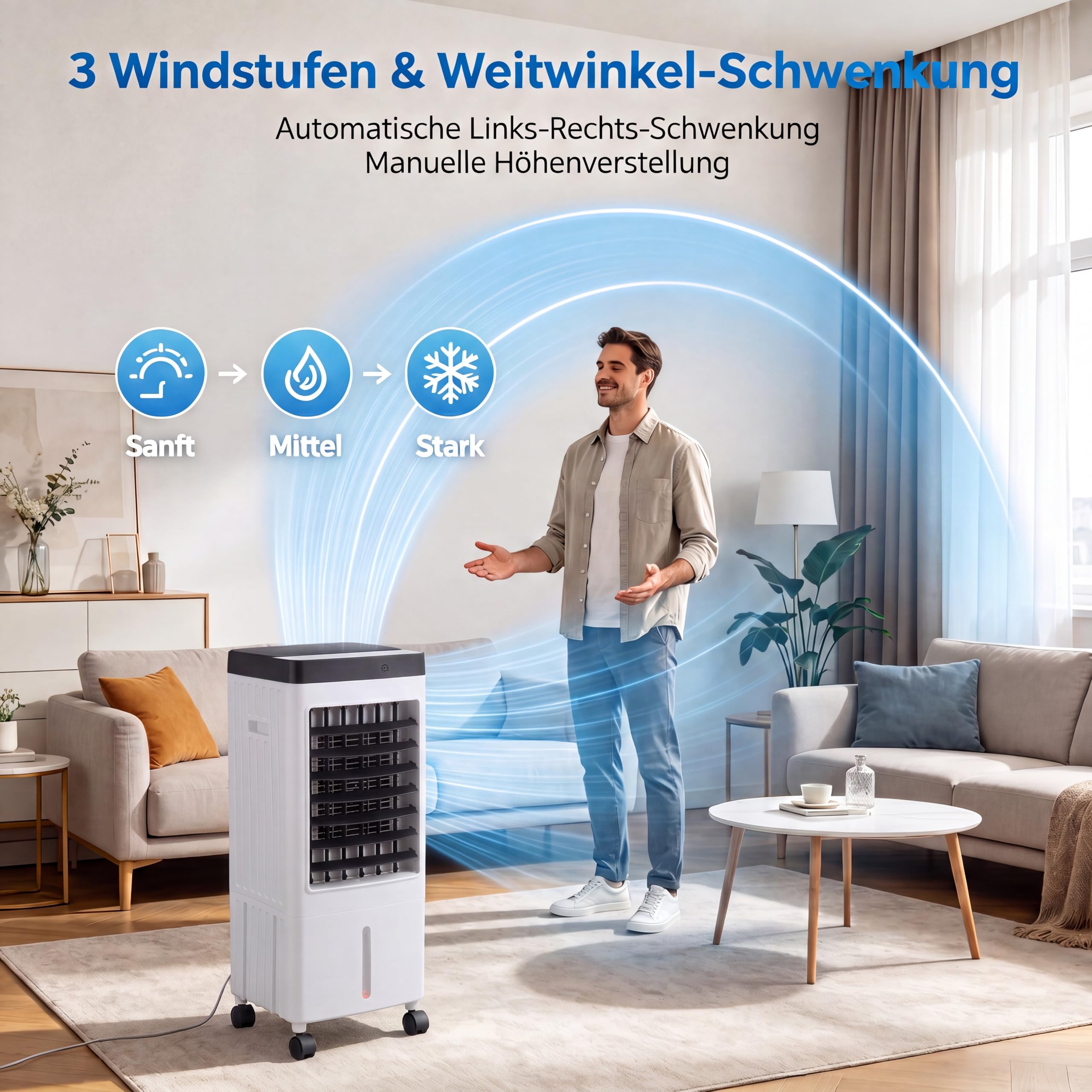 Verdunstungsluftkühler Mobiler Klimagerät Ohne Abluftschlauch | 10L Wassertank, 3 Geschwindigkeiten, Fernbedienung, 7h Timer, Oszillation, Energiesparend für Wohnzimmer Büro Schlafzimmer