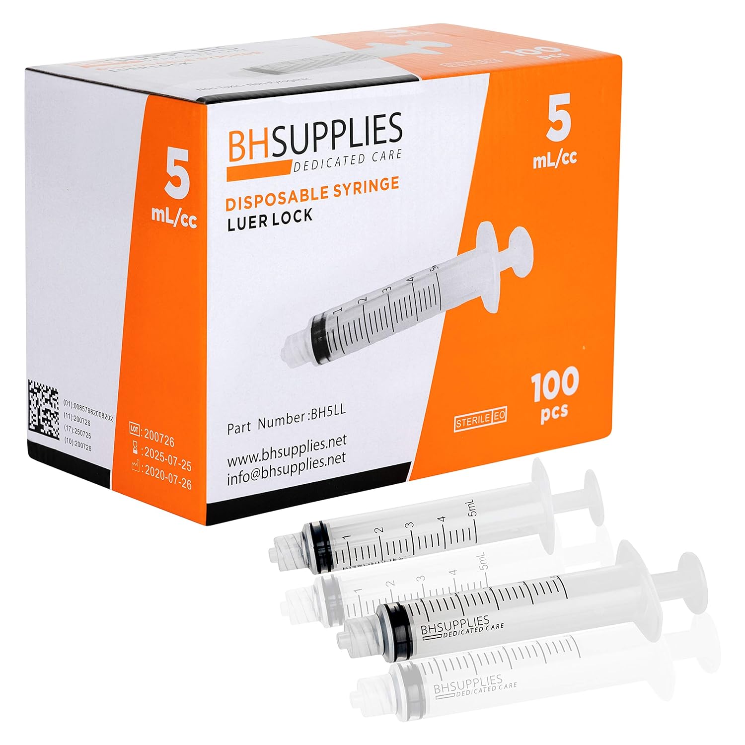 5ml Syringe Sterile with Luer Lock Tip - 100 Syringes by BH Supplies (No Needle) Individually Sealed: Industrial & Scientific