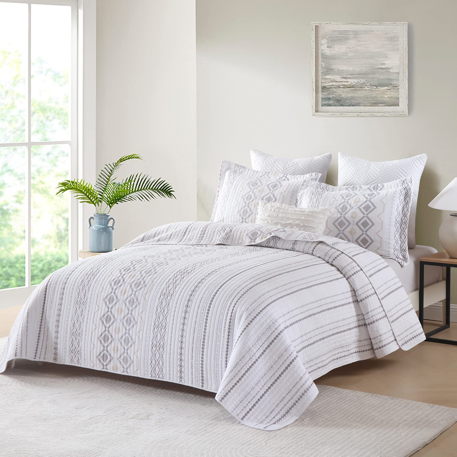 Y-PLWOMEN Geometric Quilt King Size - 100% Cotton King Size Quilt, Striped King Quilt Sets, Lightweight Bohemian King Size Bedspreads for All Season, 3 Piece