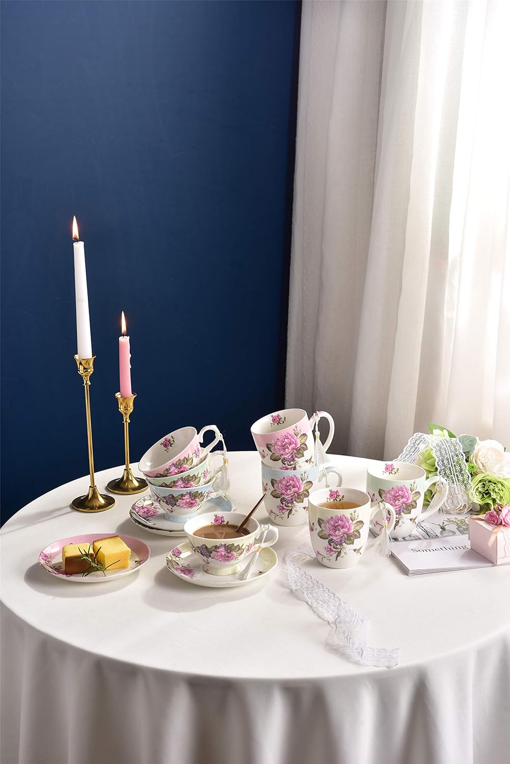 London Boutique Coffee Tea Cup and Saucer Set 4 Shabby Chic Vintage Porcelain Bird Butterfly Flora Gift Box 7.5OZ (4 Colours)