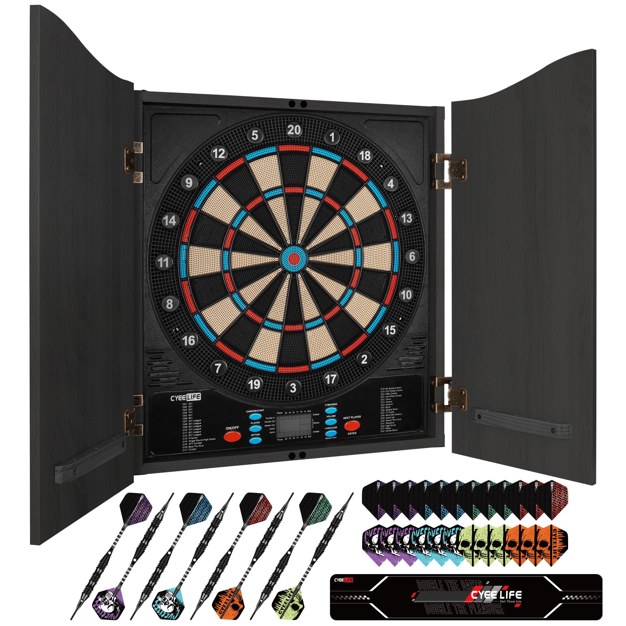 CyeeLife Diana electrónica de Dardos con gabinete de Madera, máquina de Dardos electrónica, Diana con 34 Juegos y 355 Variantes, Modo para 8 Jugadores, Pantalla LED