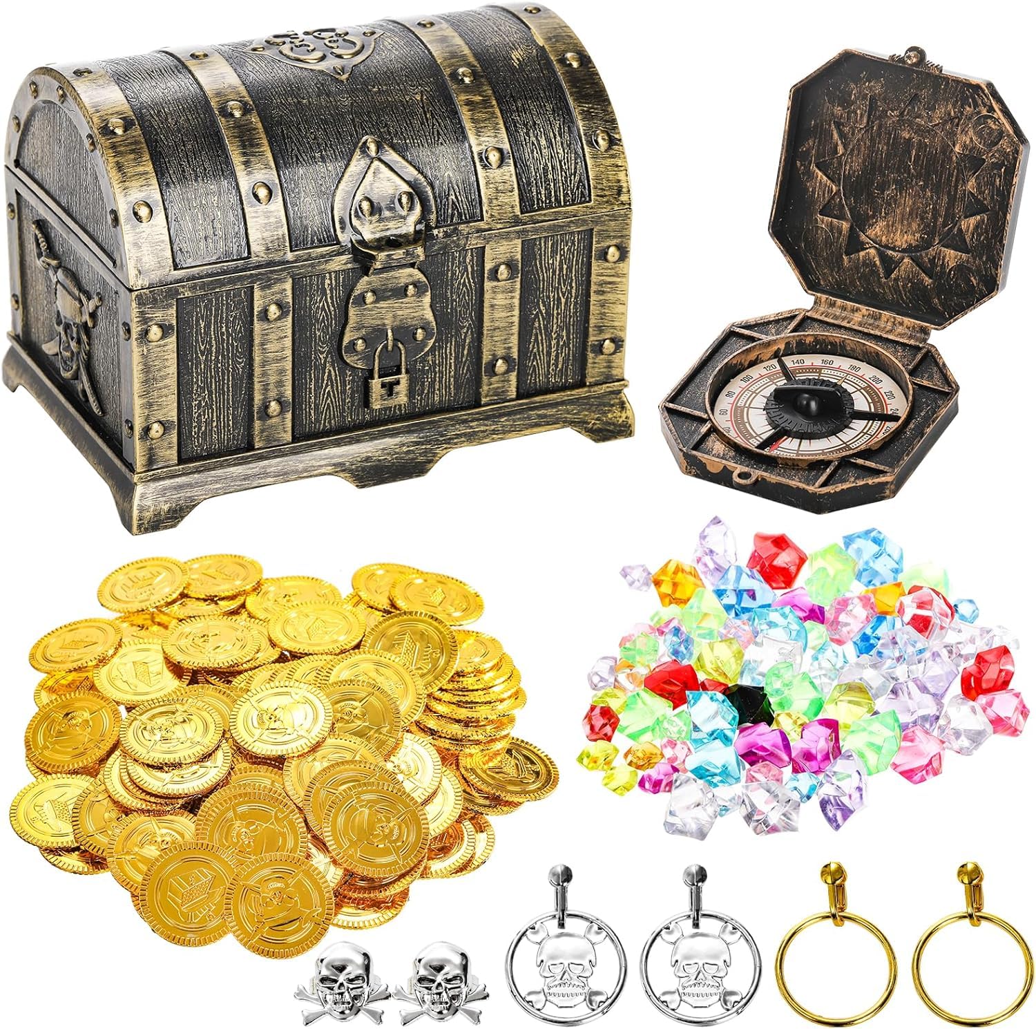 Lawei 207 Pieces Kids Pirate Treasure Chest Toy Box Antique Color with 100 Colorful Gems 100 Plastic Gold Coins 4 Earrings 2 Rings 1 Compass for Boy Girl Halloween Pirate Themed Party Favors - Image 2