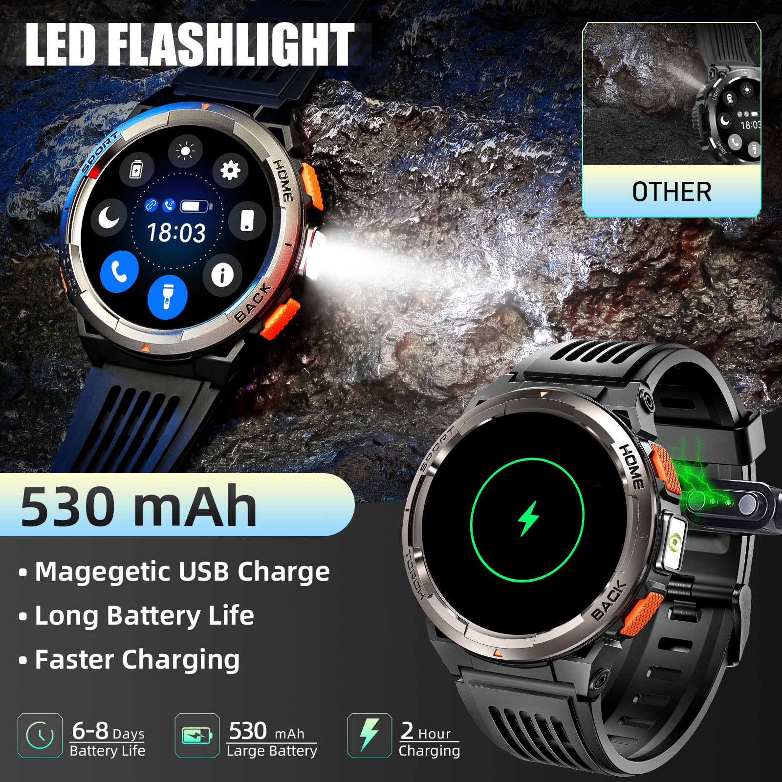 Smartwatch Militare Uomo Impermeabile 3ATM con Torcia LED, 1,45" HD Rugged Smartwatch Orologio con Chiamate, Fitness Tracker con 110+ Modalità Sport Bussola Altitudine Barometro SpO2 per Android iOS