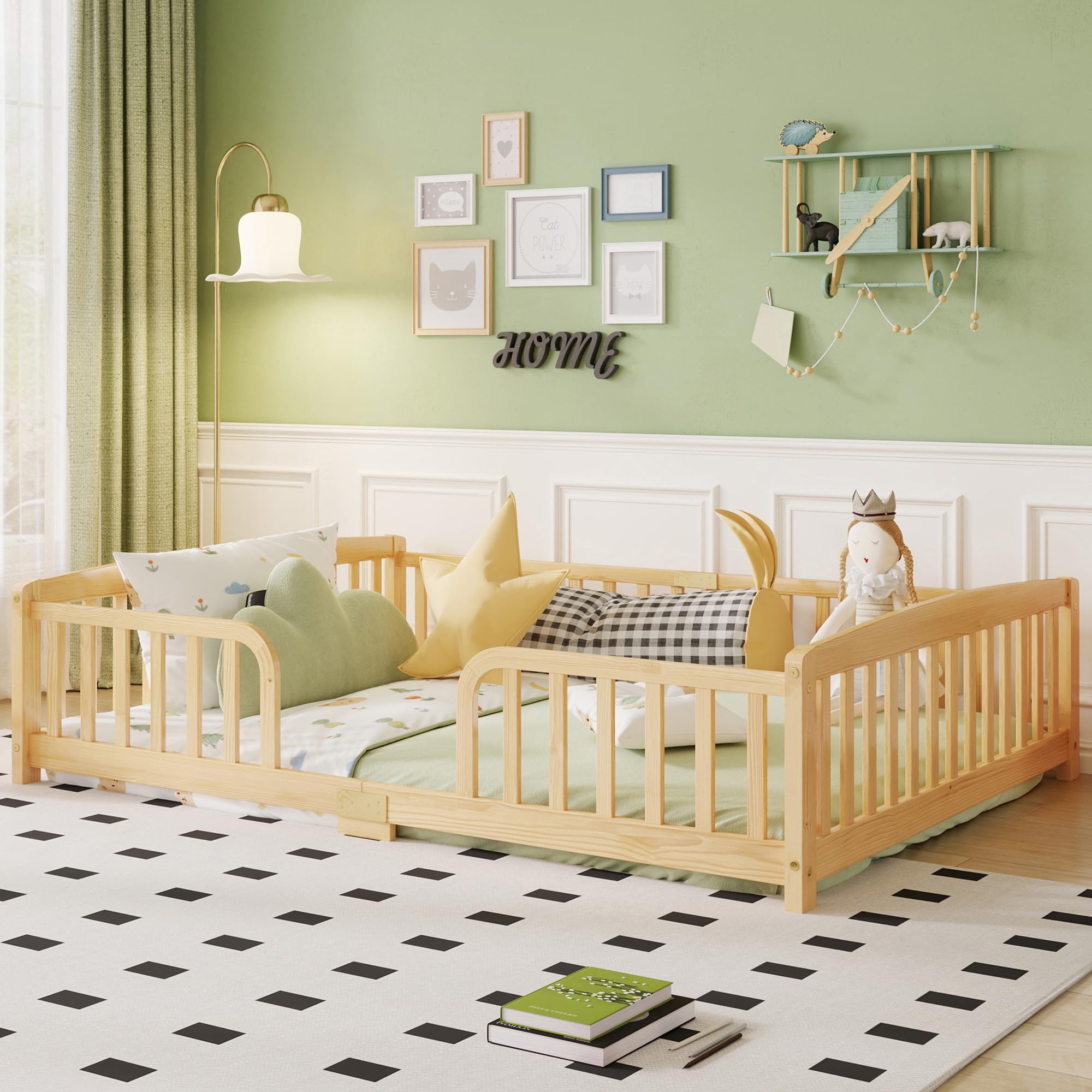 Cama Infantil Montessori 140x200 cm con Barrera, Color Natural