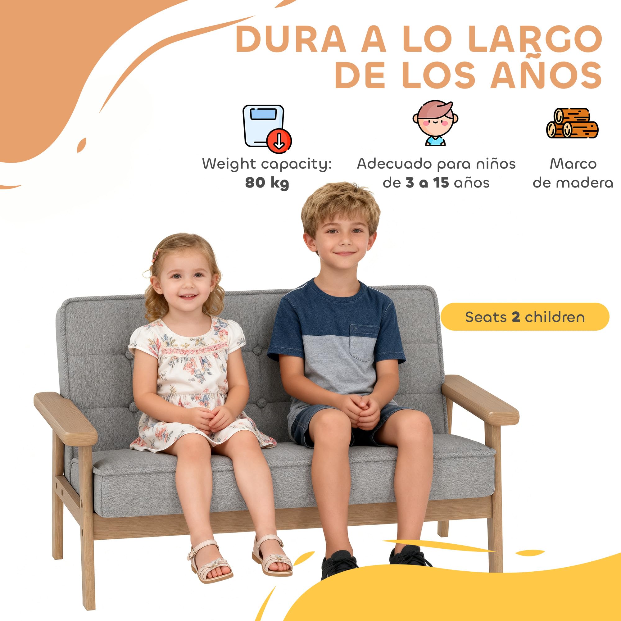 AIYAPLAY Sofá para Niños de 2 Plazas, Sillón Infantil de Felpa Suave con Estructura de Madera, Asiento y Respaldo Acolchados, Reposabrazos, para Niños de +3 Años, para Dormitorio, Sala de Juego, Gris