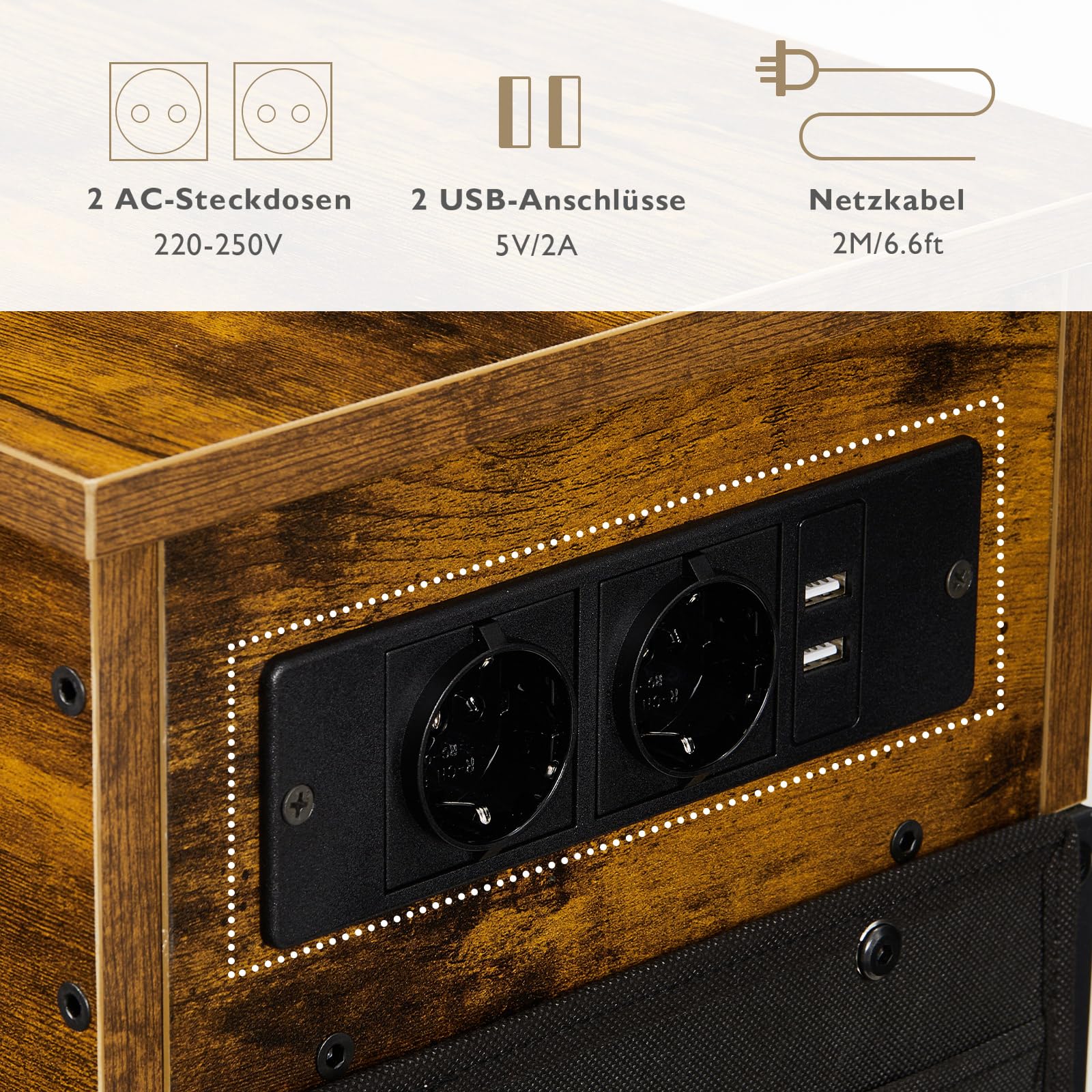 CLIPOP Nachttisch höhenverstellbar, mit Ladestation 2 USB + 2 AC 40*30*63cm