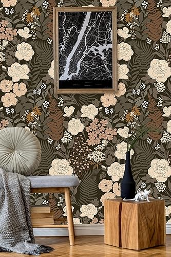 Miniatura 3 de HAOKHOME Papel tapiz autoadhesivo con diseño floral, vintage, extraíble, hoja de rosa, negro, marrónbeige, 17.7 pulgadas x 6.6 pies