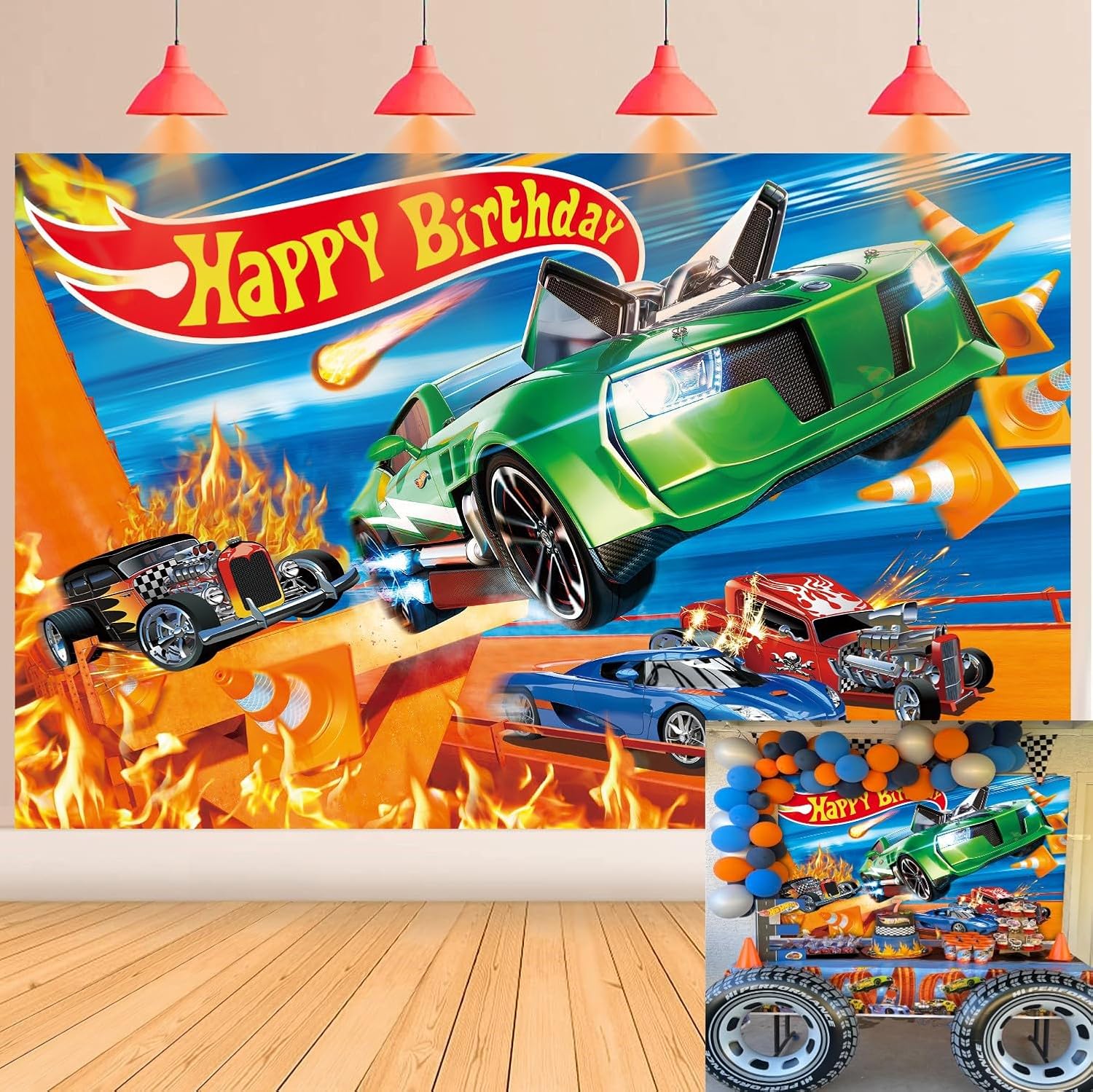 Racing Happy Birthday Backdrop Cartoon Hot Car Party Background Kids Boys Birthday Race Car Themed Banner Decorations Supplies 7x5FT 7x5FT(width 210cm x Height 150cm)