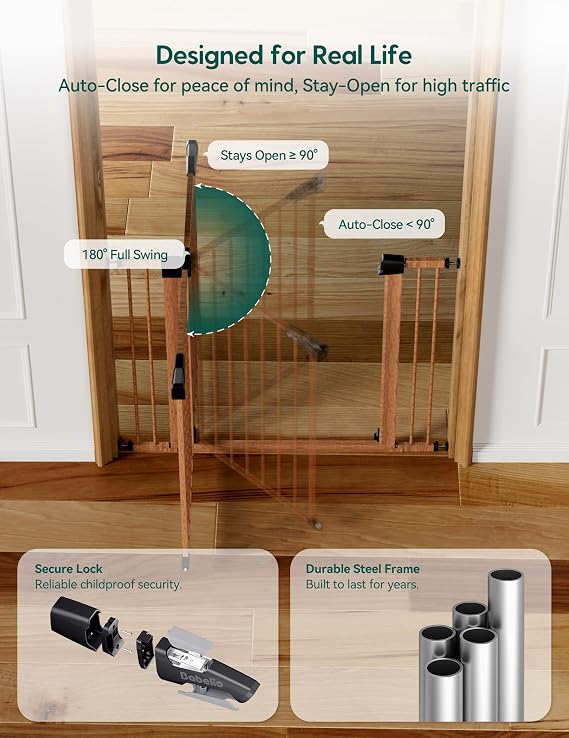 Babelio Metal Auto Close Baby Gate PressGuard P7, 29-55 Wide Extra Wide Pet Gate for The House and Doorways, Pressure Mounted Walk Thru Child Gate with Door, Brown Wood Pattern