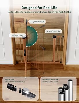 Babelio Metal Auto Close Baby Gate PressGuard P7, 29-55 Wide Extra Wide Pet Gate for The House and Doorways, Pressure Mounted Walk Thru Child Gate with Door, Brown Wood Pattern