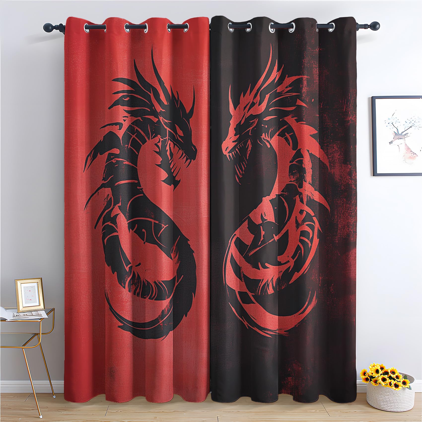 SZLYZM Dragon Blackout Curtains for Bedroom living Room, Black Red Curtains 46 x 54, 54 Inch Drop Drapes 2 Panels Set, Thermal Eyelet Drapes Decorative Patterned Window Treatments