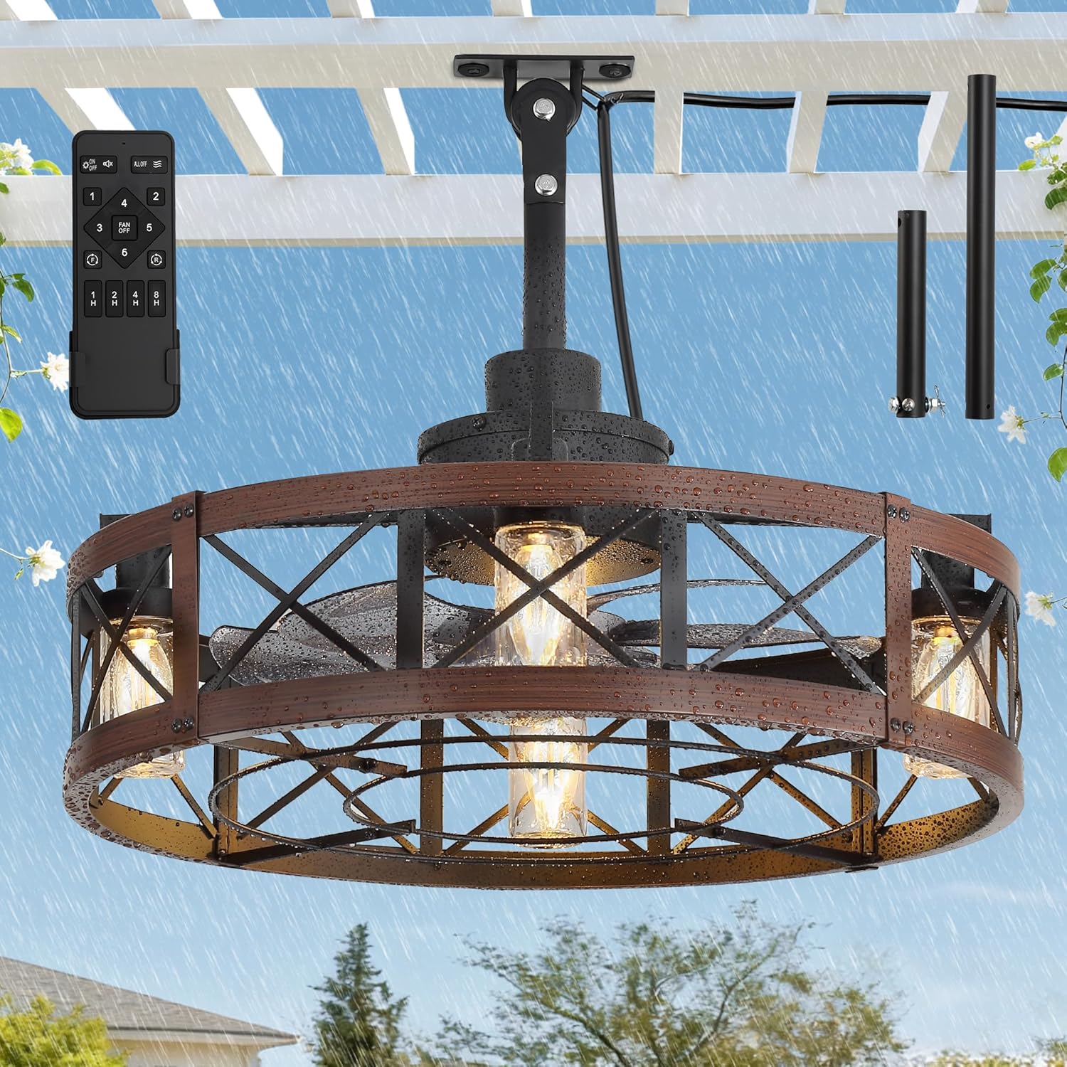 LEDIARY Outdoor Ceiling Fan with Lights for Patios- 22" Waterproof Plug in Gazebo Fan with Remote Control&Timer, 6-Speed Reversible Motor, Hanging Caged Ceiling Fan for Porch, Pergola, Walnut