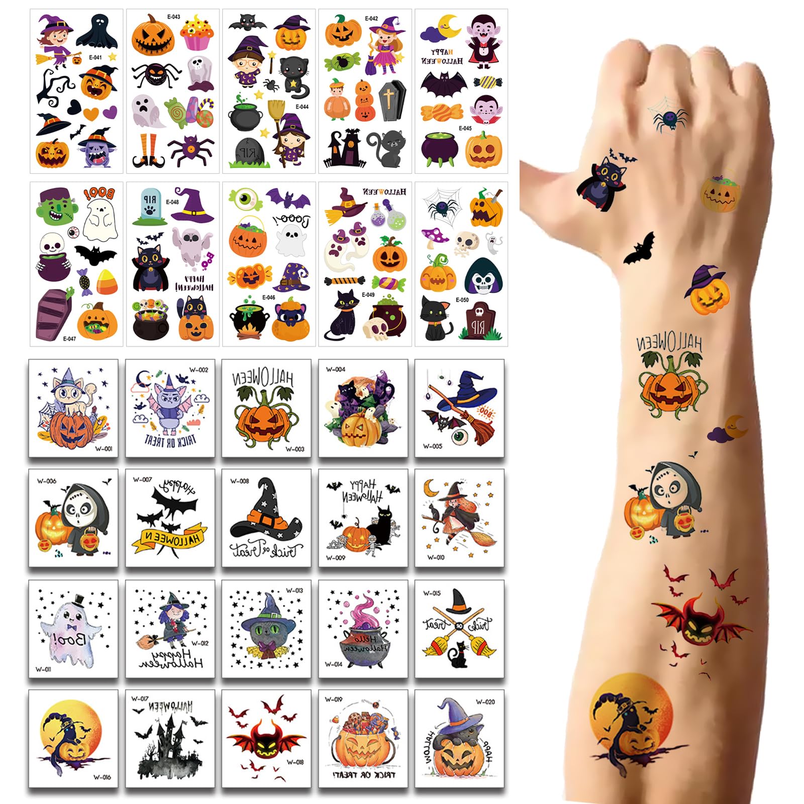 Eowppue 30 Sheets of Halloween Cartoon Face Tattoo Stickers, Cute Pumpkin & Quirky Waterproof Designs for Kids and Adults