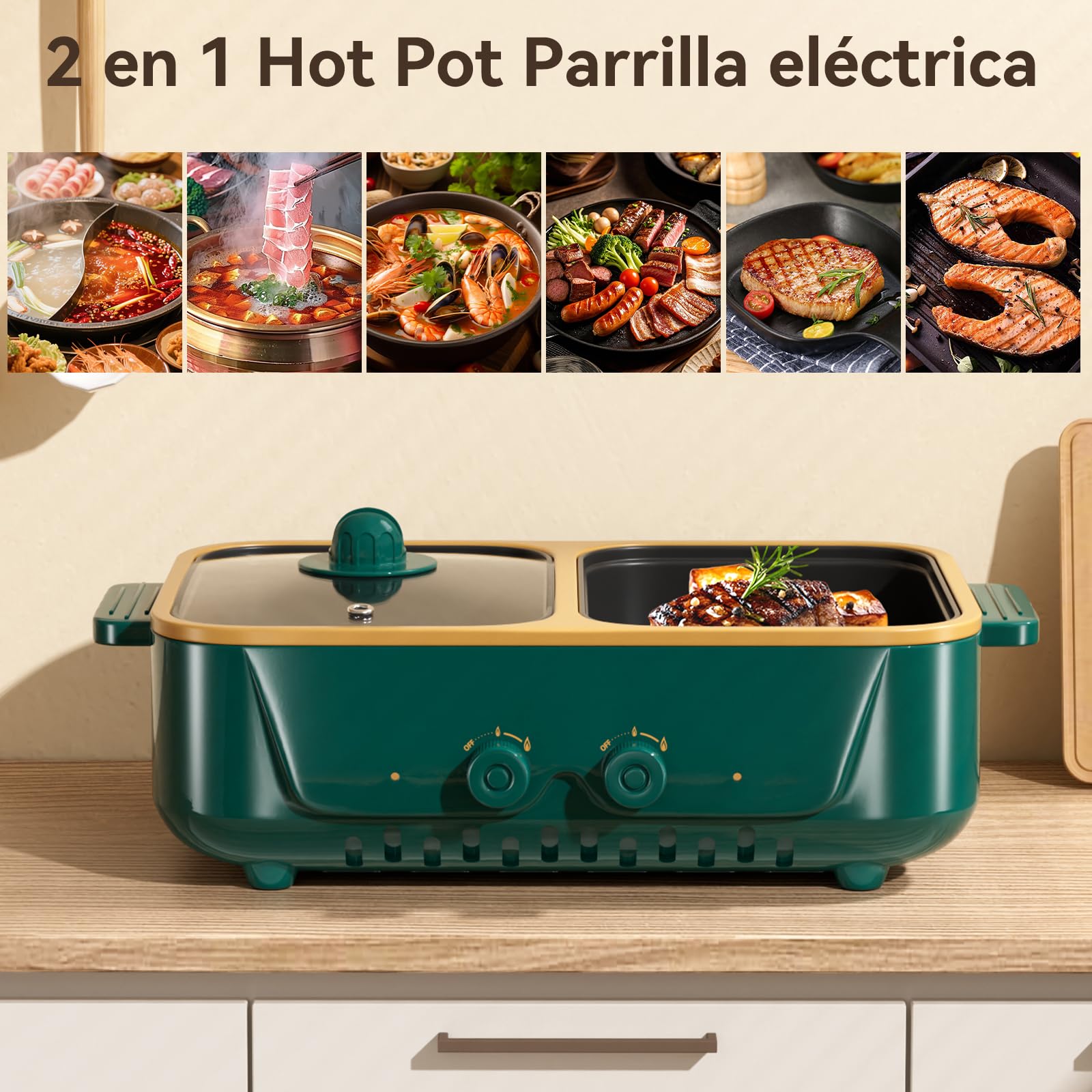 Olla eléctrica y parrilla 2 en 1, doble control de temperatura, calentamiento rápido - Electrodoméstico para cocinar en interiores: ideal para barbacoas, filetes, fideos y más - Hasta 4 pers (Verde S)