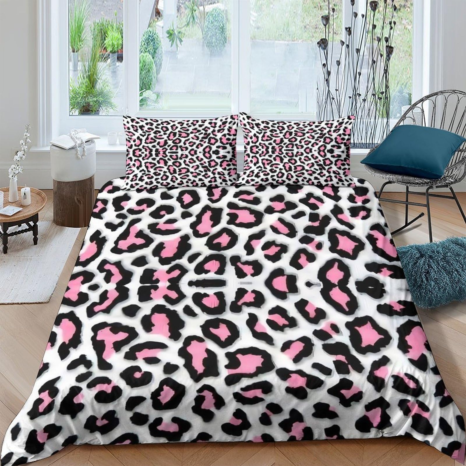 XFKLYNVCJ 3D Printed LeopardPrint Bed Cover Polyester PinkAnimalPattern Bedding Cover Wrinkle Resistant Fade Resistant Durable Easy Care Machine Washable for All Season Use Super king（260x220cm）