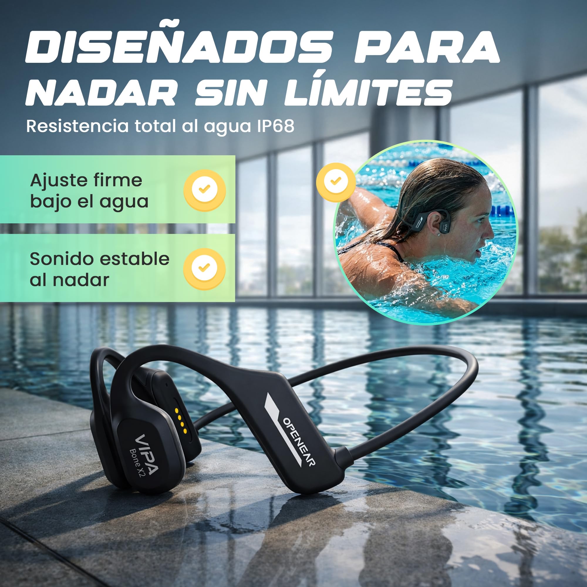 VIPA - Auriculares Natacion Bluetooth 5.3 - Auriculares Conduccion Osea con IP68 Resistente al Agua - Cascos Abiertos con 32G Mp3 para Nadar/Correr/Ciclismo con Micrófono ENC y 6H de Autonomía.