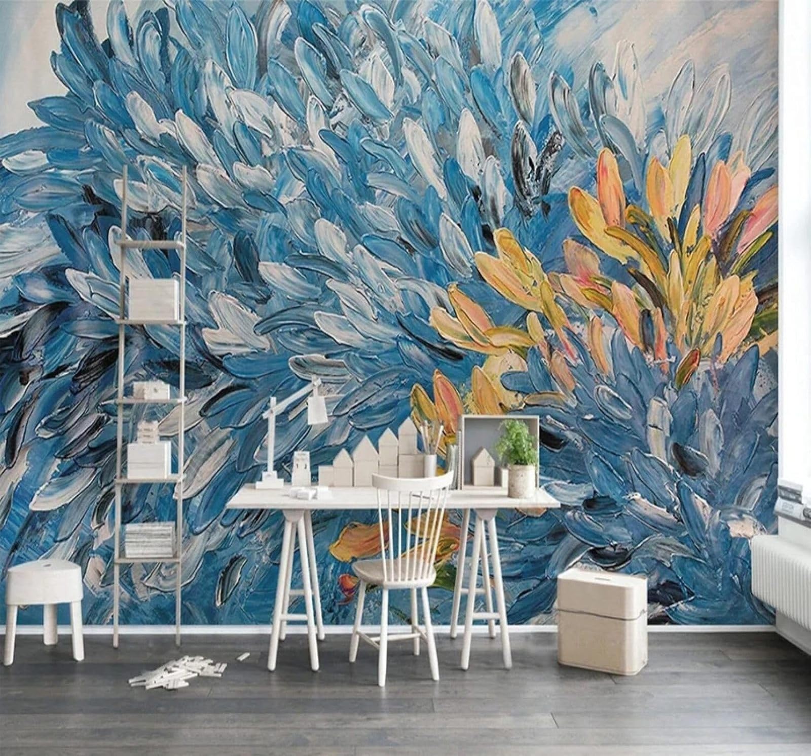 XLMING Creative Abstract Hand Drawn Blue Feathers 3D Wallpaper Luxury Home Dining Decor Paste Sofa Living Room The Wall for Bedroom Mural-400cm×280cm