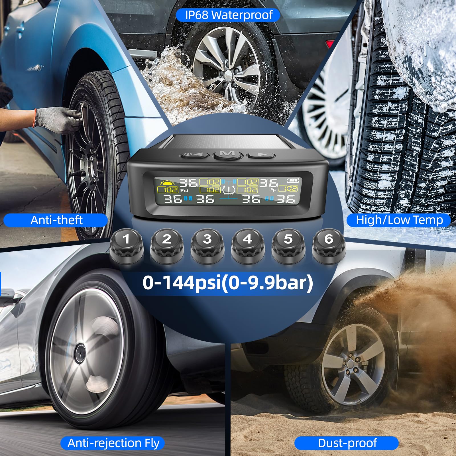 Sistema TPMS Wireless Con 4 Sensori Esterni KAOLALI - Monitor Pressione Pneumatici Solare E USB, Per Auto E SUV