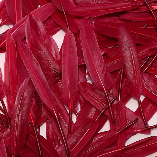Miniatura 5 de FeelfunFeather 120 piezas de plumas de ganso rojo vino natural a granel 4-6 pulgadas 3.9-5.9 in para bodas, fiestas, Navidad, Halloween,
